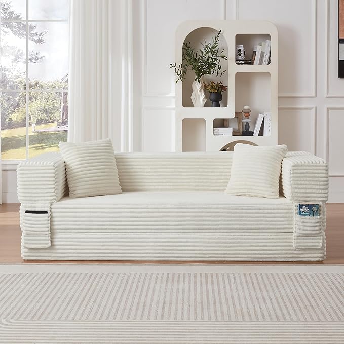 Ball & Cast Modern Upholstered Sofa with 2 Pillows,Boneless Corduroy Couch W/Deep Seat,Convertible Folding Sleeper Sofa Bed for Living Room,Bedroom,Apartment,No Assembly,White,78"