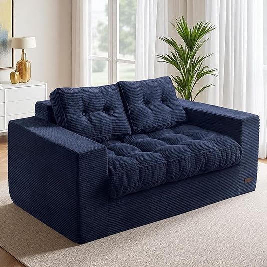 MAXYOYO Loveseat Sofa Couch, Upholstered Bean Bag Chair Cloud 2-Seat for Adults, Boneless Couch with Tufted Cushion & Pillows, Sofa in A Box, No Assembly Required, Navy