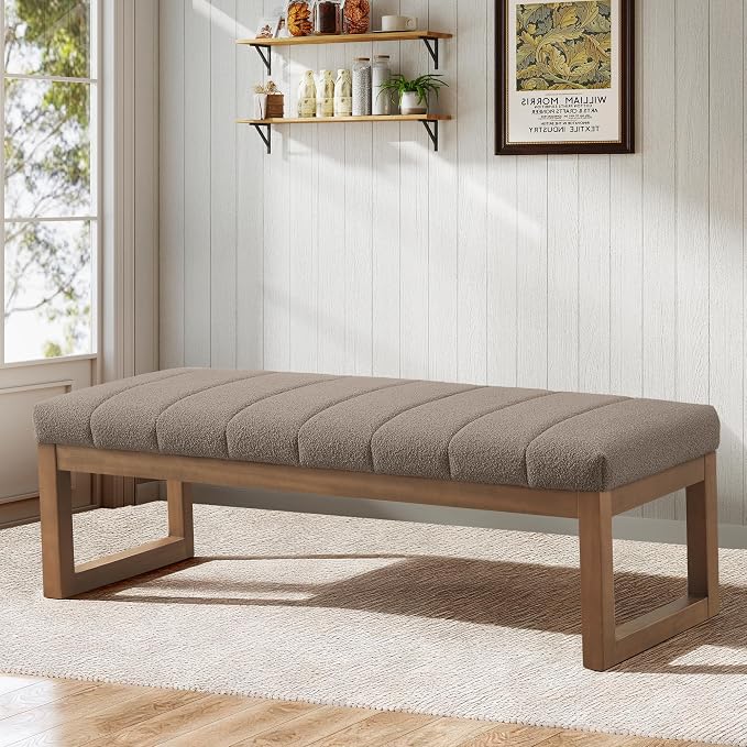 Zihanhome 52.7" Bedroom Bench for End of Bed, Modern Upholstered Teddy Fabric Entryway Bench & Dining Bench, Footrest Stool Bench with Solid Wood Frame for Bedroom, Living Room (Dark Brown) - Image 3