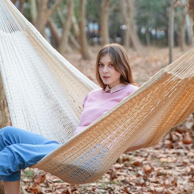 PNAEUT Handwoven Mayan Hammocks, Double Rope Hammock for Outdoor Outside & Indoor, Thick Soft 600 lbs Capacity Heavy-Duty, Includes Tree Straps, Carabiners & Carrying Bag (Nature, X-Large) - Image 2