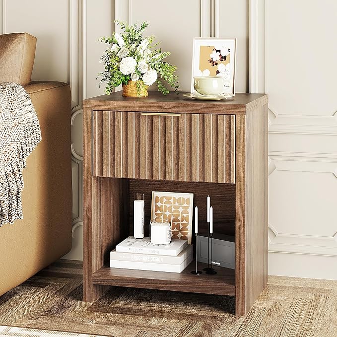 VINGLI Fluted Brown Nightstand, 20" W Mid Century Modern Nightstand for Bedroom, Bedside Table, End Tables Bedroom, Wood Side Table by VINGLI