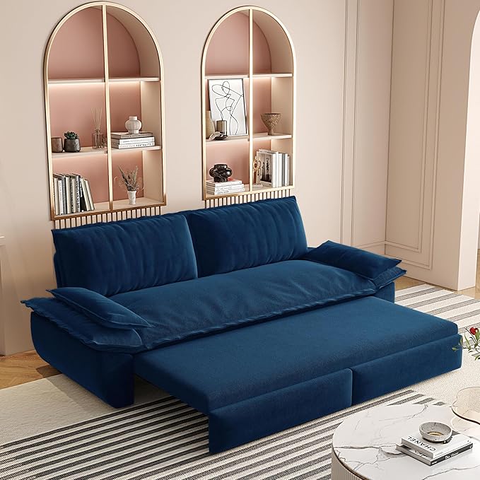 3-in-1 Convertible Sofa Bed Queen Size Pull Out Sleeper Sofa with Heavy Duty Metal Frame, Luxurious Velvet Upholstered Loveseat with 2 Pillows, Modern Folding Guest Bed for Living Room, Apartment