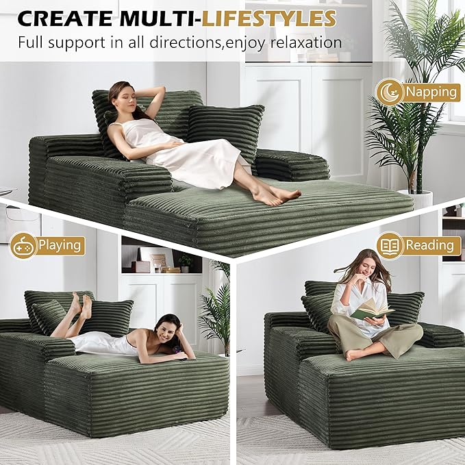 KEIKI 67" Corduroy Chaise Lounge Chair Sofa Bed with 9.9'' Wide Armrests, Oversized Sleeper Sofa, Deep Seat Lounge, Three Pillows, Convertible, No Assembly Required for Living Room, Green