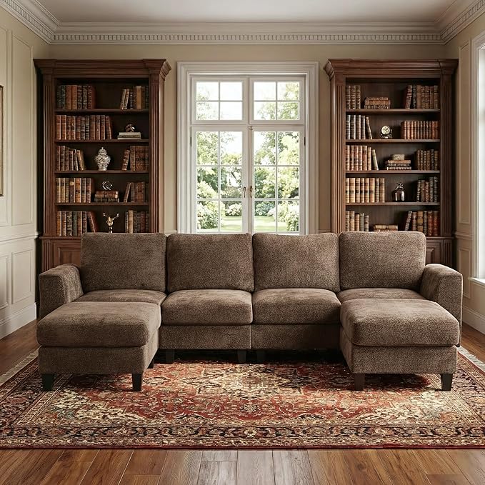 118" Sectional U-Shaped Cloud Couch, Modular Modern 4-Seat Sofa, with USB Type C Ports, Foldable Side Table and 2 Ottomans, for Home Living Room, Brown
