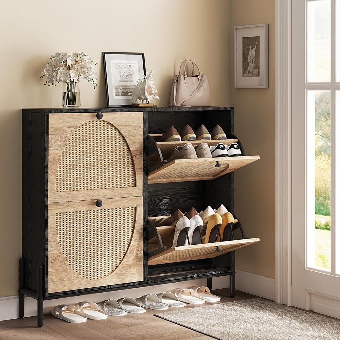 IRONCK Rattan Shoe Cabinet Storage with 4 Flip Drawers, Freestanding Shoe Storage Organizer Cabinet for Entryway, Narrow Shoe Rack Cabinet, Black - Image 2