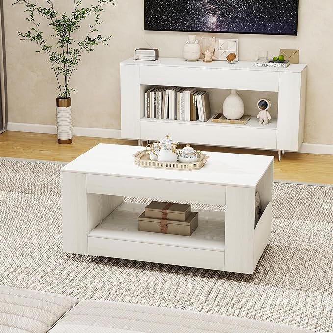 39" Wood Coffee Table for Living Room, Sides Storage with Transparent Legs, Minimalist Modern 2-Tier Storage Shelf Center Table for Home Office, Apartment, White