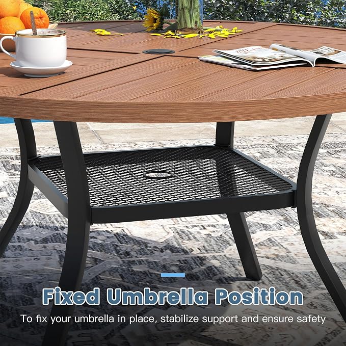 DIFY Patio Dining Set for 4, 5 Piece Outdoor Table and Chairs Set, 40.6" Walnut Round Metal Patio Dining Table and 4 Brown Textilene Stackable Patio Chairs, for Backyard Garden Poolside - Image 4