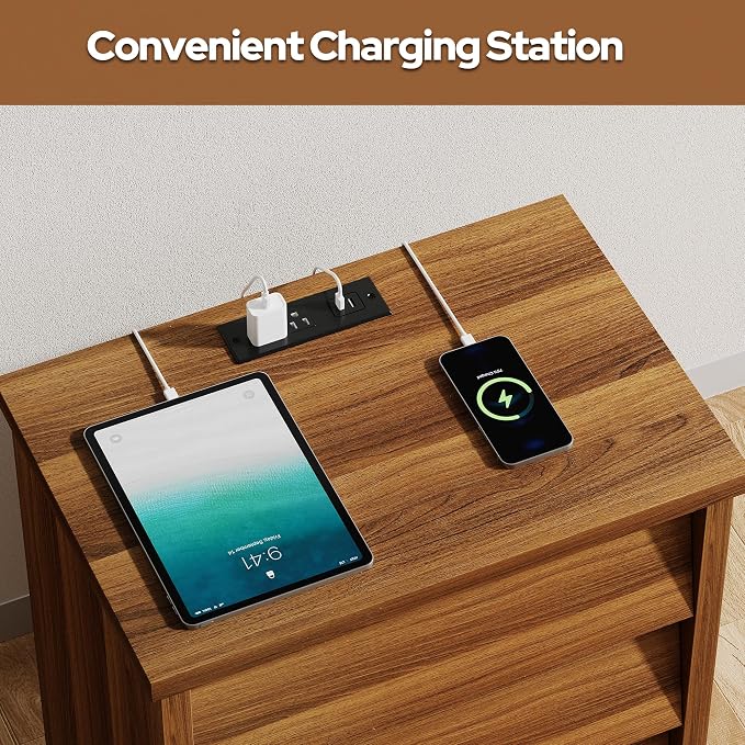 23" Wide Nightstand with Charger Station, Modern Night Stand with 3 Drawers, Wood End Table with USB Ports and Outlets, Storage Bedsides Table for Bedroom, Hallway (Walnut) - Image 5