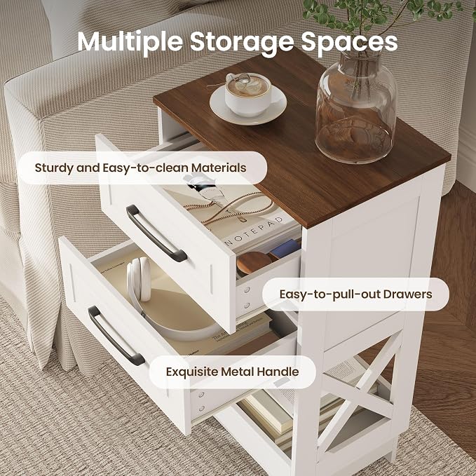 Tall Nightstand Set of 2 Side Table Modern Night Stand with 2 Drawers Wooden Rustic End Table Bedside Table with Upper Open Shelf Solid Feet for Bedroom White+Walnut - Image 5