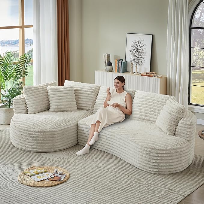 Plush Corduroy Cloud Sectional Sofa with Curved Chaise, Oversized 2 Pieces Modular Lounge Sofa with Deep Seat, Upholstered Sponge Compressed Couches for Living Room Bedroom,No Assembly Required