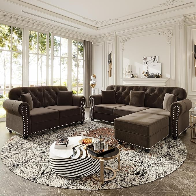 KEIKI 2-Piece Chesterfield Sofa Set with 1 Velvet 3-Seater Sofa & 1 Loveseat Sofa, Upholstered 5-Seater Couch Set with Nailhead Trim & Rolled Arms & 1 Ottoman & 5 Pillow, for Living Room, Brown