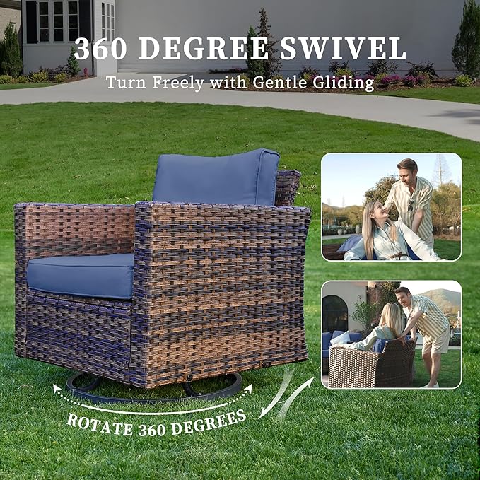 UDPATIO Patio Furniture Set with Fire Pit Table and Swivel Rocking Chairs, 6 Pieces Outdoor Wicker Furniture Set with Waterproof Cover, 4'' Thickened Cushion, Navy