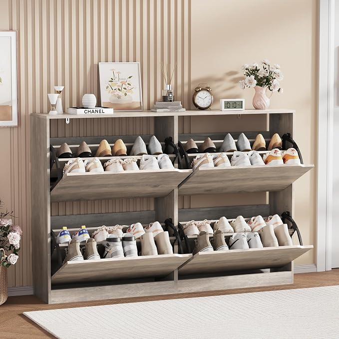 Shoe Storage Cabinet, Wood Shoe Organizer for Entryway with 4 Flip Drawers, Freestanding Shoe Rack with Adjustable Shelf, Narrow Shoe Dresser for Front Door Entrance(Grey, 47.24" x 32.28" x 9.44") - Image 3