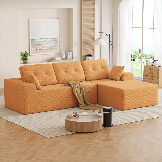 Ball & Cast 106" Cloud Modular Sectional Sofa, Boneless Chenille Couch with Deep Seat, Comfy L-Shaped Sectional, Modern Upholstered Sofa for Living Room, No Assembly (Orange, Right Facing Chaise)
