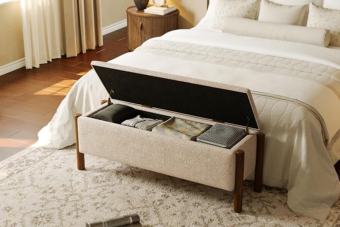 Modern Storage Benches with Walnut Wood Legs, 47'' Ottoman Bench with 20 Gallons Storage Space for Bedroom End of Bed, Fabric Upholstered Entryway Bench with Seating for Livingroom, Beige - Image 3