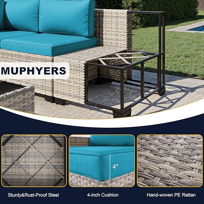 14-Piece Outdoor Patio Furniture Set, PE Wicker Rattan Sectional Sofa Conversation Set with Tempered Glass Table & Thick Cushions - All-Weather Garden, Backyard Furniture, Turquoise