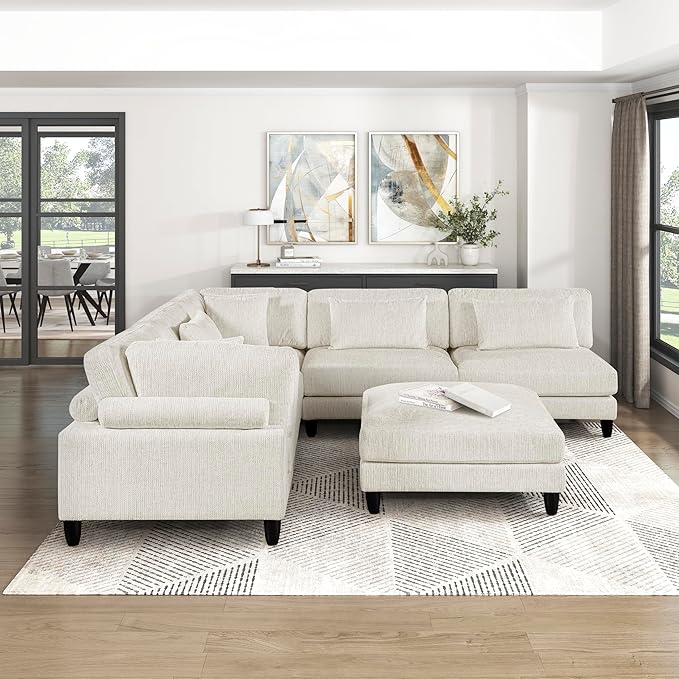 Lexicon 120 Inch Modular Sectional Sofa - Oversized 6 Seater Microfiber L Shaped Sectional Couch with Ottoman, 7 Accent Pillows, and Flexible Arrangement for Modern Living Rooms, Beige