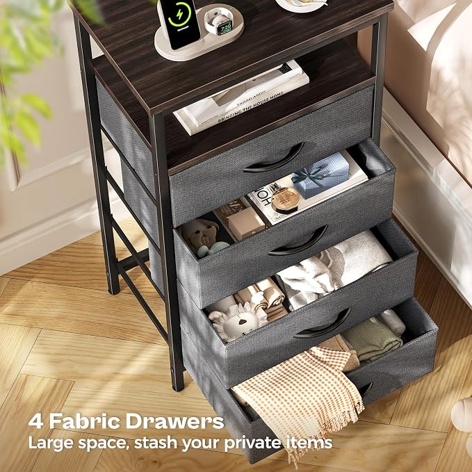 Huuger Night Stand with Charging Station, 4 Drawer Dresser for Bedroom, Bedside Table, 33.9 Inch Tall Nightstand with Open Shelf, End Table, for Closet, Entryway, Bedroom, Walnut - Image 7