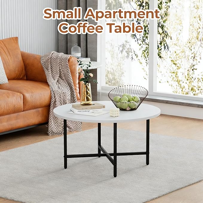 Coffee Table, 23.6" Coffee Tables for Living Room, Round Coffee Table with Metal Frame, Floor Table for Sitting on The Floor, Home, Office, White
