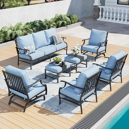 7 Piece Metal Outdoor Patio Furniture Sets, Patio Conversation Sets 1 3-seater Sofa, 2 Fixed Chair, 2 Rocking Chair, 2 Ottomans with 5.75" Thick Cushion, Black Backyard Furniture, Blue