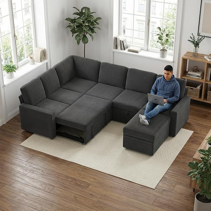 7-Seater Large Sectional Couch with Pull Out Bed, L Shaped Corduroy Sofa with Storage, Convertible Modular Sofa, for Living Room, Apartment, Gray