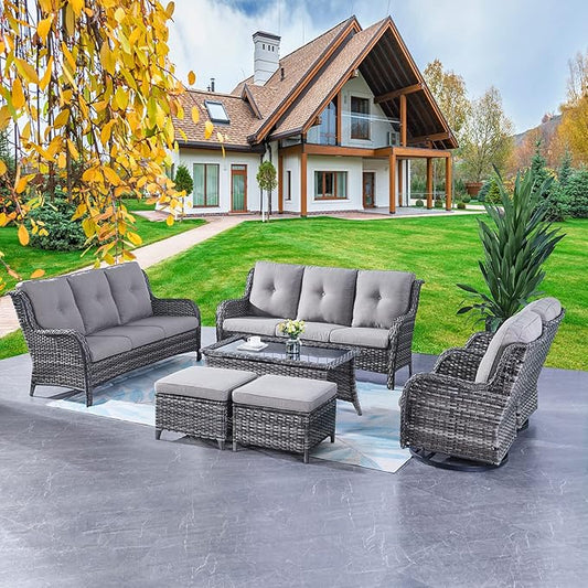 Rilyson Wicker Patio Furniture Set - 7 PC Rattan Outdoor Sectional Conversation Sets with 2 Rocking Swivel Chairs,2 Ottomans,2 Sofa and 1 Coffee Table for Porch Deck Garden(Mixed Grey/Grey)