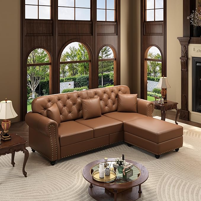 KEIKI 83" Faux Leather Chesterfield Sofa with Rolled Arms & Nailhead Trim & 3 Ottoman, 3-Seater Button Tufted Couch with High Resilience Cushion & 3 Pillow, Easy Assembly, for Living Room, Brown
