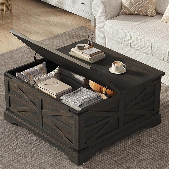 Furnideco 35.5''W Square Coffee Table Farmhouse Lift top Coffee Table with Large Hidden Storage, Wood Center Table for Living Room, Home Office, Dark Brown