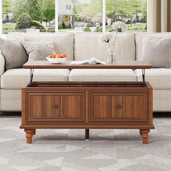 39" Lift Top Coffee Table, Wood Center Table with Storage, Retro Coffee Tables Rectangular Dining Table for Living Room Home Office Small Space (Walnut)