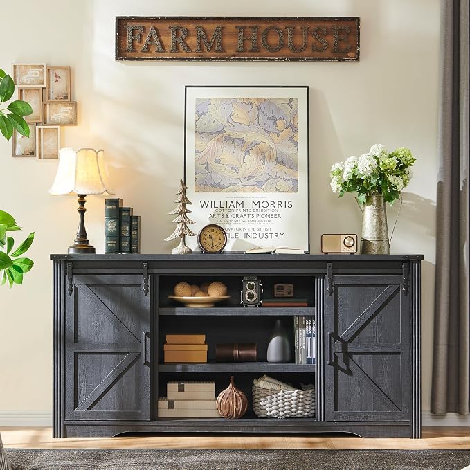 JXQTLINGMU Farmhouse TV Stand for 75+ Inch TV, 32" Tall Entertainment Center w/4 Drawers & Sliding Barn Door, Rustic Media Console w/Storage Shelves, 66" Wood Television Stand for Living Room, Black - Image 2