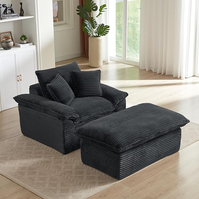52" Oversized Chaise Lounge Chair Boneless Sofa Bed, Plush Corduroy Upholstered Cloud Lounge Sofa Couch with Ottoman, Modern Deep Seat Sleeper Chair w/Thickness Cushions for Living Room, No Assembly