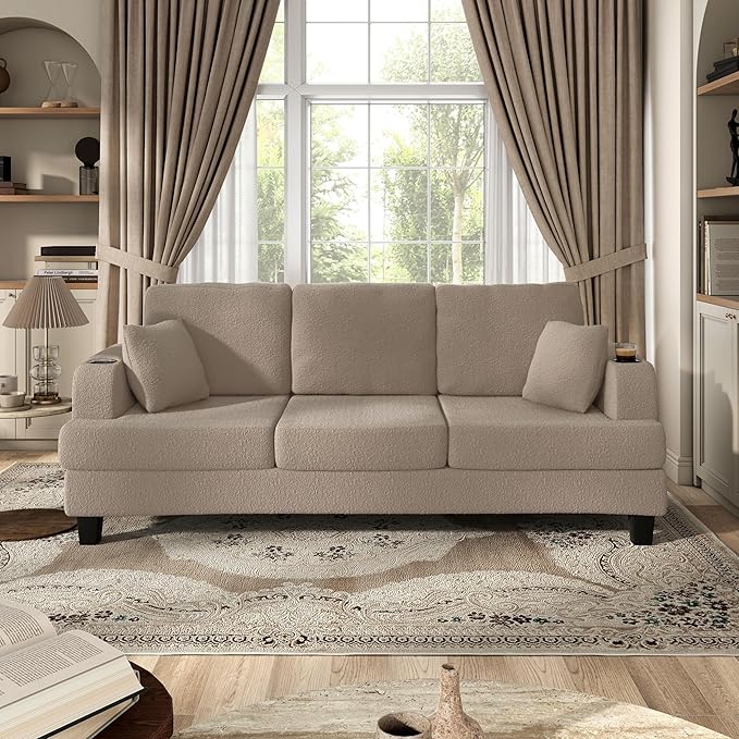 Homes: Inside + Out Reese Modern Plush Boucle Couch with Side Pockets, Cup Holders and USB Ports, Wooden Comfortable Sofa for Living Room, Bedroom and Office, Beige