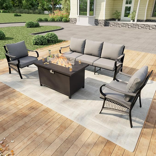 4 Pieces Patio Conversation Sets, All Weather Metal Outdoor Furniture Set 3-Seater 2 Single Chairs with Fire Pit Table for Backyard Garden Deck Porch Poolside, Gray