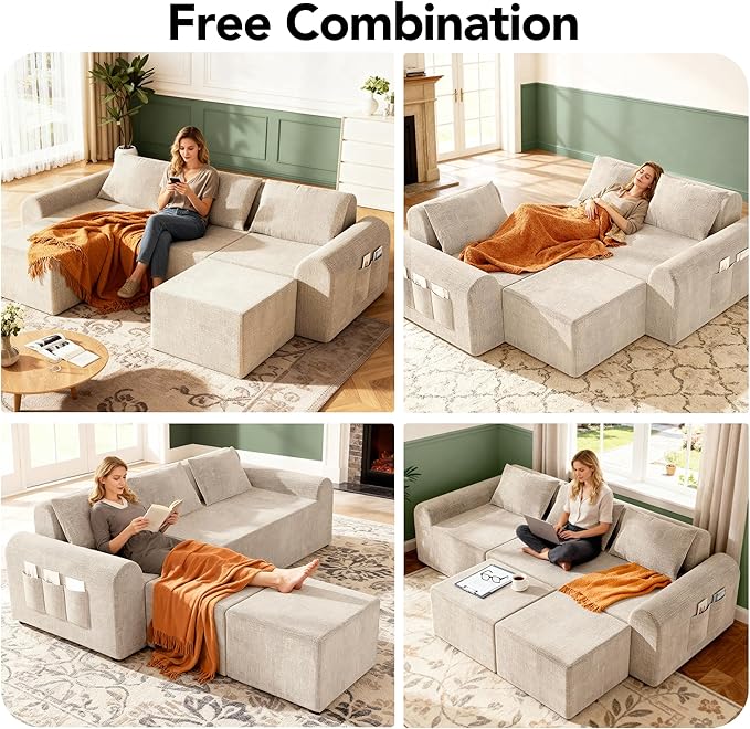 Cloud Modular Sectional Sofa, No Assembly Deep Seat Chenille Couch with 2 Ottomans, 3-Seater Modular Sofa for Living Room, Beige