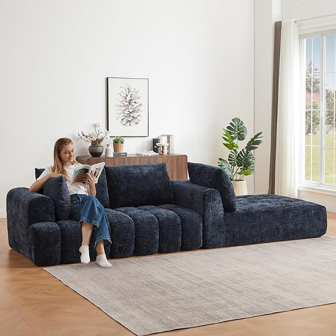 Tufted Chenille Cloud Modular Sectional Sofa,Oversized 2-Piece Right Facing Boneless Couch with Chaise Lounge, L-Shape Floor Lounge Sofa with 2 Throw Pillows for Living Room, No Assembly Required