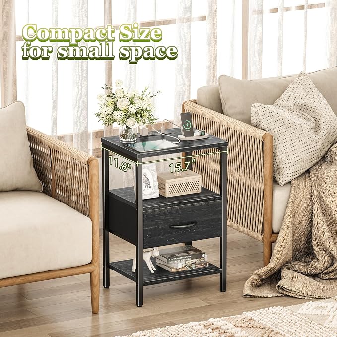 SUPERJARE Nightstand with Charging Station, Bed Side Table with Adjustable Fabric Drawer, Night Stand for Bedroom, 3-Tier Storage End Table, for Living Room, Charcoal Black Wood Grain Print - Image 8