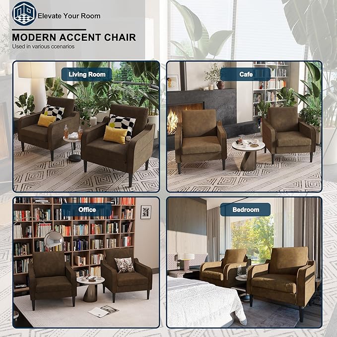 Ribilake Brown Accent Chair Set of 2 - Upholstered Armchair with Side Pockets, Comfy Living Room Arm Chair, Faux Leather Reading Accent Chairs for Bedroom, Living Room, Apartment, Office
