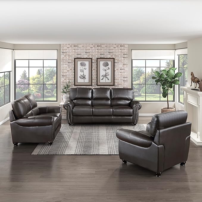 Lexicon Leather Match Couch for Living Room with Wood Frame, Rolled Armrest & Nailhead Trim, Top Grain Leather Match Sofa for Bedroom, Office, Waiting Room, 3-Seater Sofa, Dark Brown