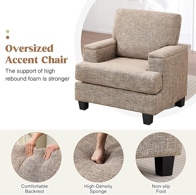 Accent Chairs Set of 2 with Armrest Storage, Modern Upholstered Reading Living Room Chairs, Comfy Large Armchairs, Fabric Single Sofa Chair for Bedroom (Yellowish Brown)