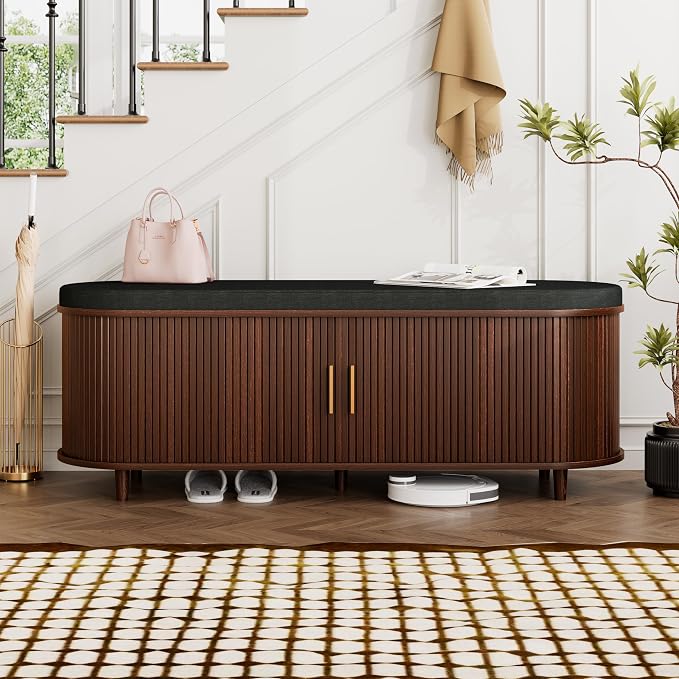 DHH 2-Tier Storage Bench,Wide Shoe Bench with Thickened Padded Seat Cushion, Mid Century Modern Fluted Sliding Door and Adjustable Shelf, for Entryway, Living Room, Bedroom (Walnut, 51.2”) by DHHFurnitureBuyNow