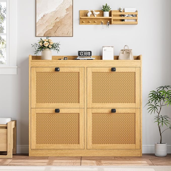 GarveeHome Shoe Cabinet Rattan with 4 Flip Drawers, Wooden Freestanding Shoe Organizer with Adjustable Shelves, Shoe Storage for Entryway, Closet, Hallway - Image 3