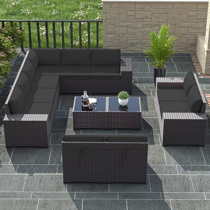 12 PCS Outdoor Patio Furniture Set,Outdoor Sectional Furniture All Weather PE Rattan Wicker Patio Conversation Set with 2 Coffee Tables and 10 Thickened Cushions,Black