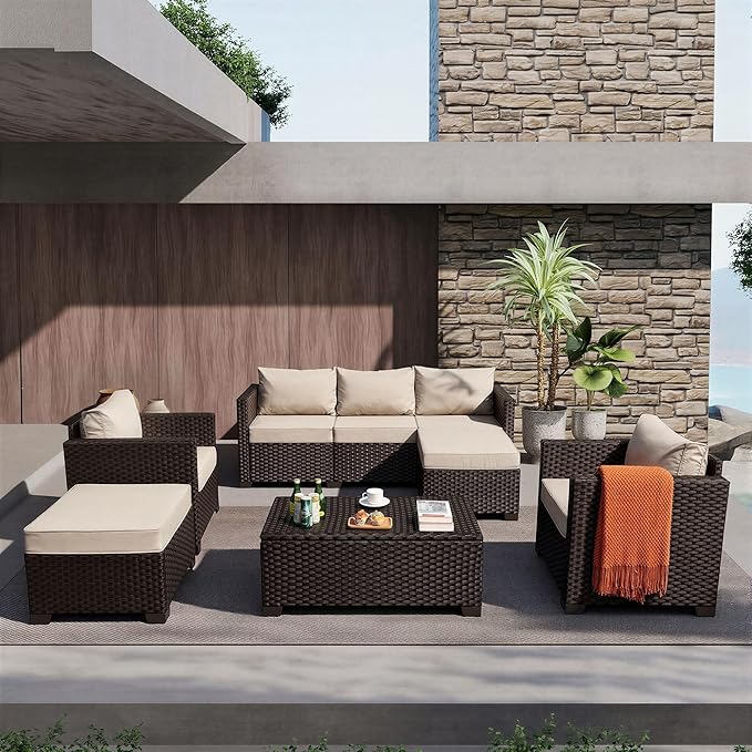 6 Pieces Patio Outdoor Furniture Outdoor Conversation Sets Wicker Sofa Set with Outdoor Couch Patio Chairs Storage Coffee Table Khaki Cushions Waterproof Covers