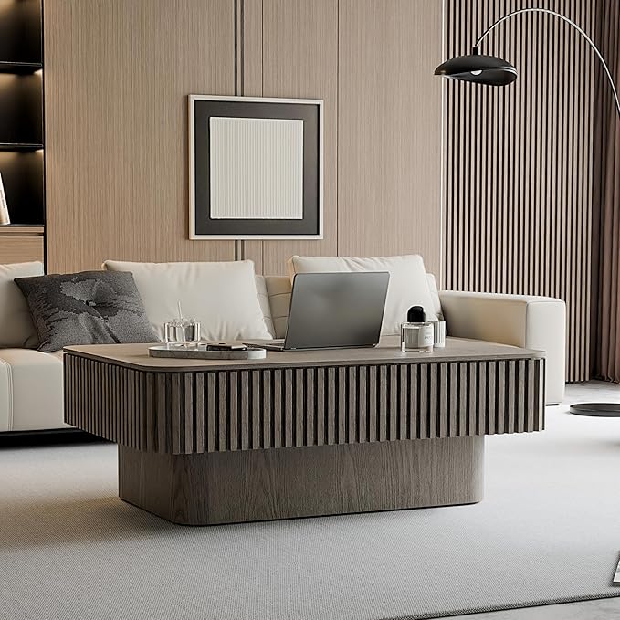 Gray Coffee Table with Lifting Top with Storage for Living Room,Fluted Lift Top Coffee Tables with Solid Wood Center Table 38.6'' Modern Smart Rectangular Lift Up Tabletop for Apartment Office