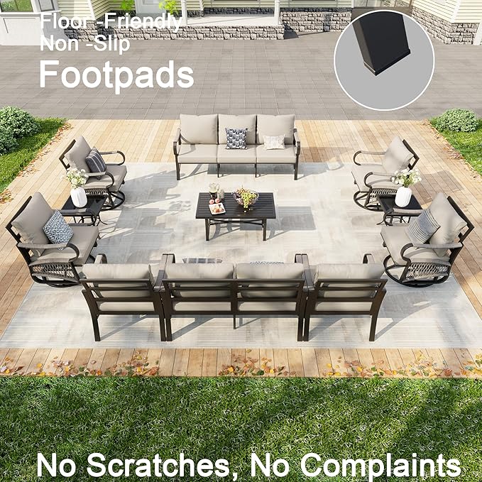 11-Piece Outdoor Patio Conversation Sets, Rope Outdoor Furniture Set Metal 3-Seater Couch, 4 Swivel Rockers with 2 Side Tables, Loveseat Sofa Single Chairs with Coffee Table for Backyard, Beige