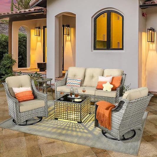 Patio Conversation Set,5 Pieces Wicker Patio Furnitures with Swivel Chair and Coffee Table,All Weather Patio Furniture Set for Garden,Backyard,Poolside and Patio,Beige
