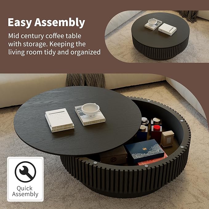Round Coffee Table with Storage, Modern Fluted Wood Coffee Tables with Sturdy Base, 31.5" Drum Circle Center Tea Table for Living Room Apartment, Easy Assemble - Black