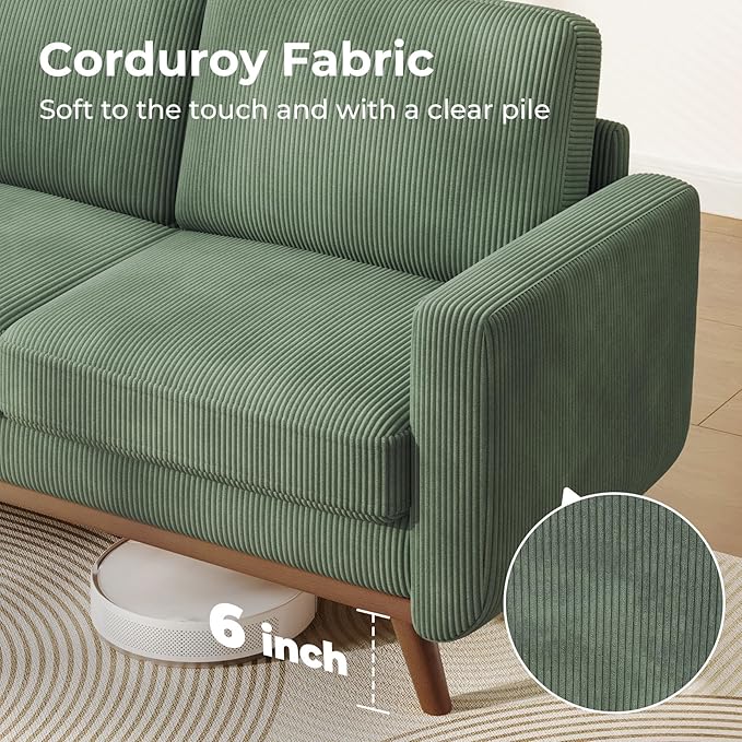 68" Green Corduroy Loveseat Sofa, Comfy Deep Seat Couch with Spring Cushion & Solid Wood Frame, Modern 2-Seater Sofa for Living Room Bedroom Office