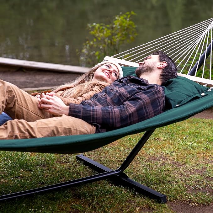 SUNCREAT Hammocks Extra Large Double Hammock with 12 ft Stand for Outside, 475lbs Capacity, Outdoor Portable Hammock with Hardwood Spreader Bar, Extra Large Pillow, Dark Green - Image 2