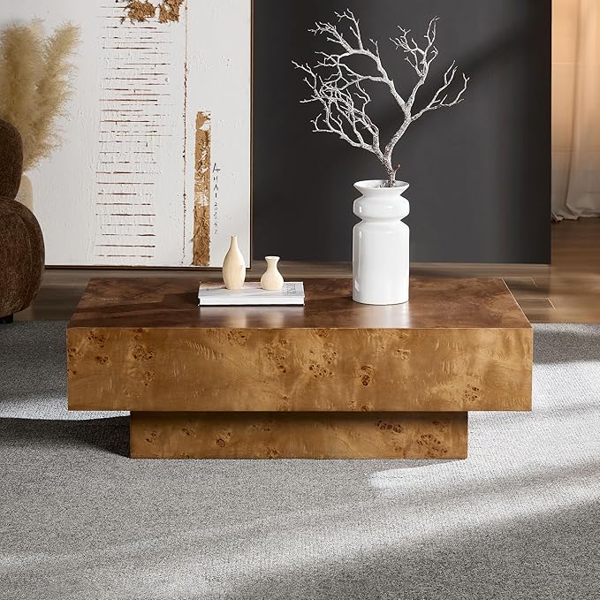 WILLIAMSPACE 43.31" Rectangle Coffee Table with Burl Wood Veneer & Sturdy Base, Modern Luxury Wood Drum Center Table Accent Side End Table for Living Room Apartment, Walnut